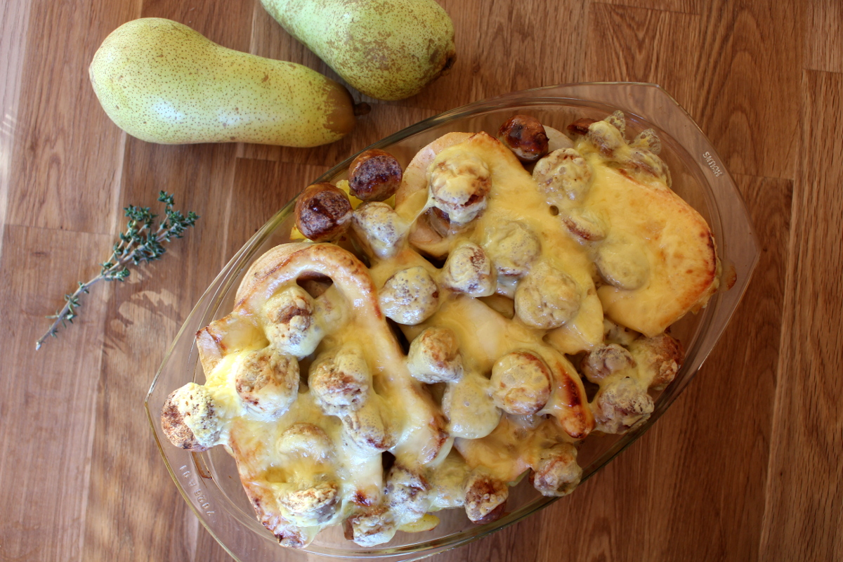Kartoffel-Birnenauflauf mit grober Bratwurst01